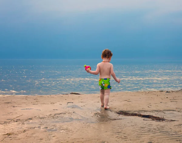 Baby spoorfietsen op het strand bij zonsondergang — Stockfoto