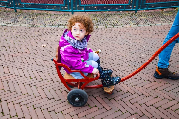 Cute little girl being carried in Efteling special cart by a par — Stock Photo, Image