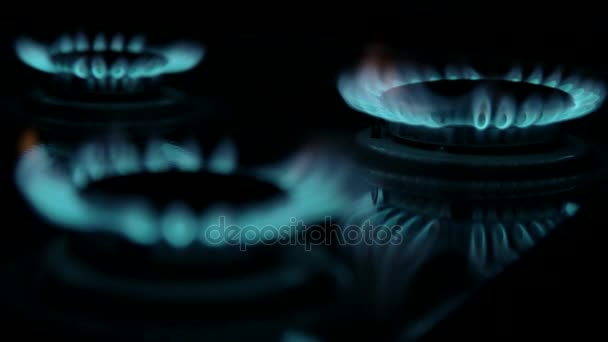 Blauwe gas branden. Focus op de achterste rand van de gasbranders — Stockvideo