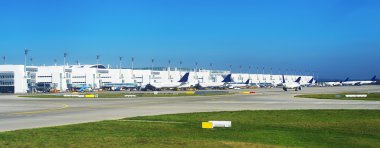 Birçok Yolcu uçakları havaalanında.