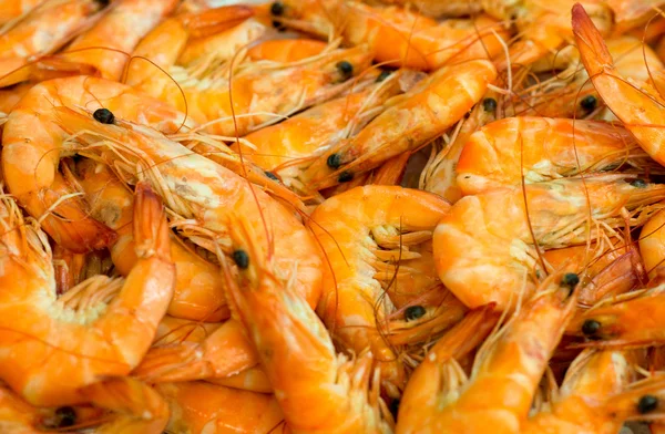 Pile of raw shrimps in fish market. — Stock Photo, Image