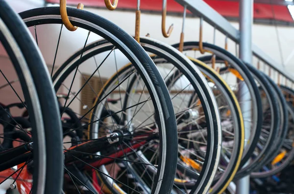 Many of bicycle wheels. Bike rental service.