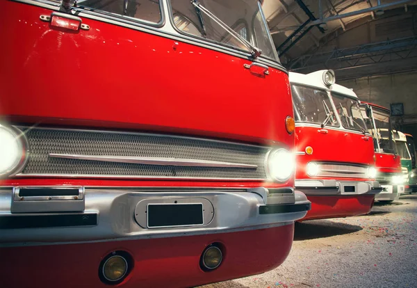 Many red city buses in depot. — Stock Photo, Image