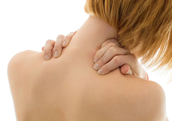 Woman having neck pain. Isolated on white. — Stock Photo, Image