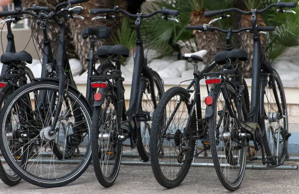 Des vélos dans la rue. Service de location de vélos . — Photo