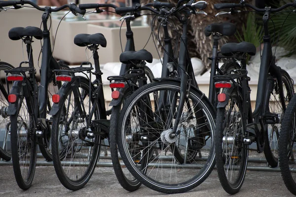Des vélos dans la rue. Service de location de vélos . — Photo