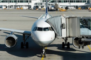 Havaalanında yolcu uçağı. Yatılı.