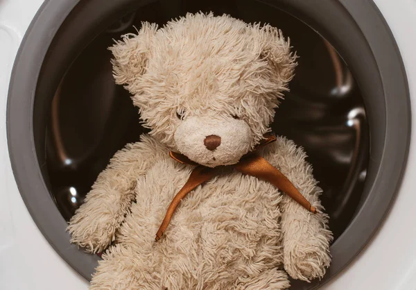 Plush bear sitting on washing machine.