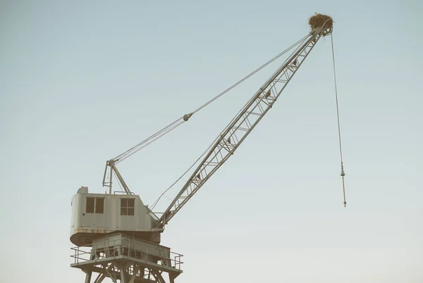 Port crane with a stork's nest on it. — Stock Photo, Image