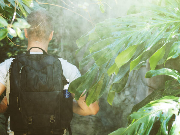 Tourist with backpack in the jungle. Vintage effect.
