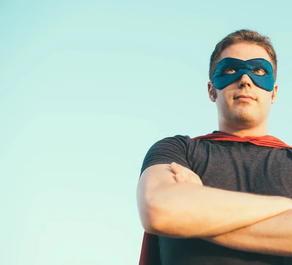 Superhero man against the sky. Place for your text. — Stock Photo, Image