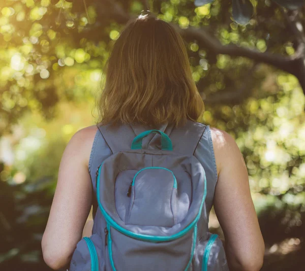 Femme avec sac à dos dans la forêt. Vue de l'arrière . — Photo