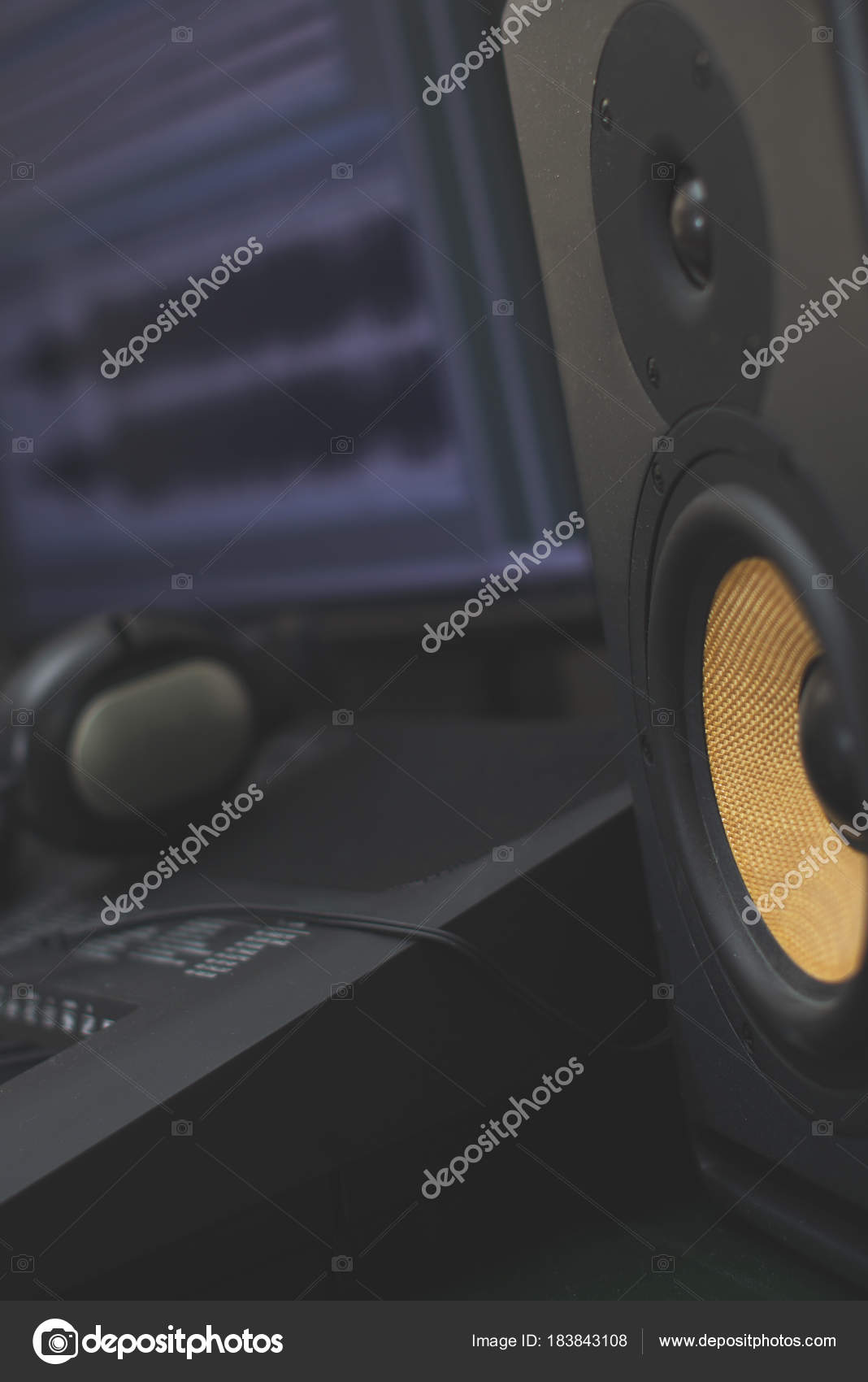 Professional Monitor Headphones And Pc With Music Software Concept Of Home Studio Professional Monitor Headphones And Pc With Music Software Concept Of Home Studio