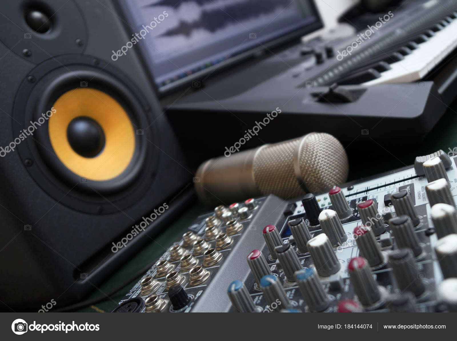 Mixer Condenser Microphone And Professional Monitor Concept Of Home Music Studio Stock Mixer Condenser Microphone And Professional Monitor Concept Of Home Music Studio Stock
