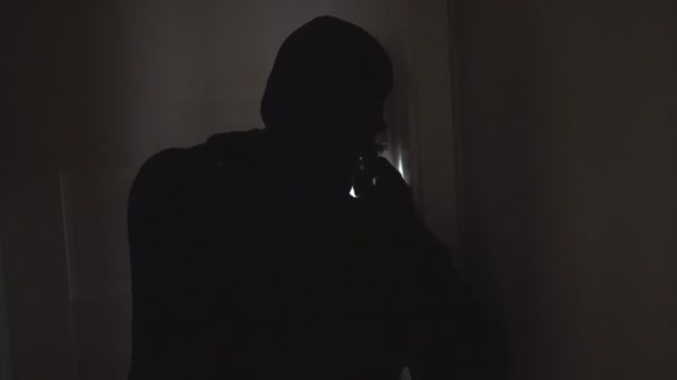 Tjuv Med Ficklampa Som Hacking Dörren Natten — Stockvideo