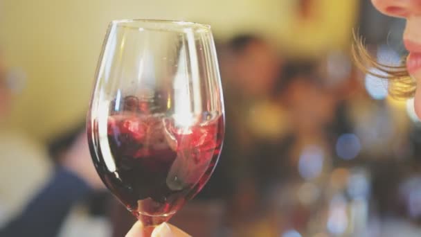 Female Sommelier Sniffs Glass Wine Drinking — Stock Video