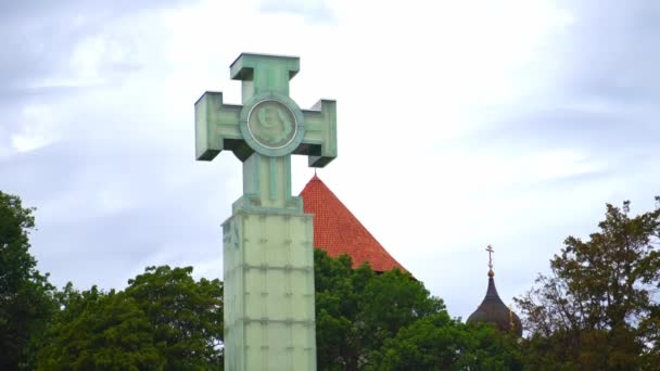 Hrad Toompea a sloup vítězství války za nezávislost. — Stock video