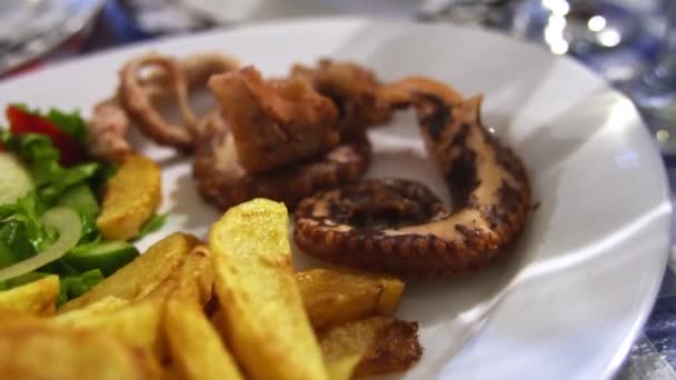 Grilled octopus with french fries. — Stock Video
