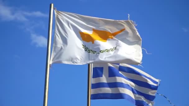 Cyprus Greece Flags Waving Blue Sky — Stock Video