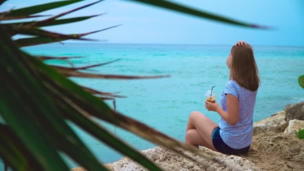 Woman Enjoying Frappe Coffee Latchi Adams Beach Ayia Napa Cyprus — Stock Video