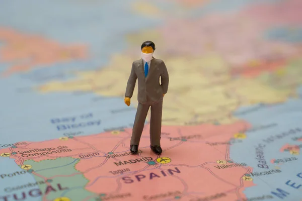 Figurine Asian Businessman Wearing Medical Mask Map Spain — Stock Photo, Image