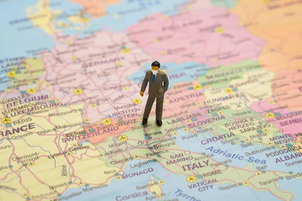 Figurine Asian Businessman Wearing Medical Mask Map Middle Europe — Stock Photo, Image