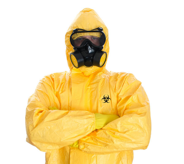 Man in biohazard suit. Covid-19 concept.