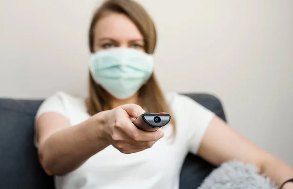 Woman Medical Mask Watching Quarantine Home — Stock Photo, Image