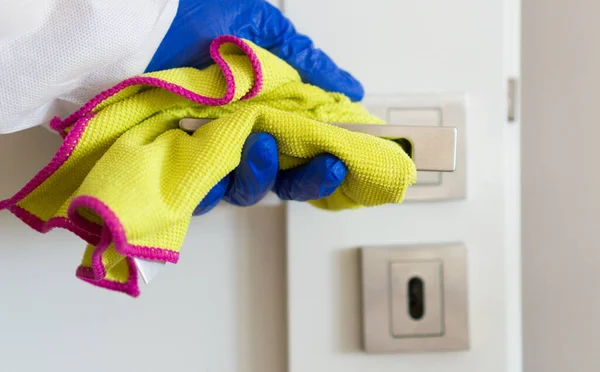 Hand Protective Glove Rag Cleaning Door Handle Covid Disinfection Concept — Stock Photo, Image
