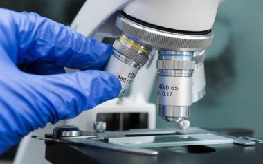 Mikroskop kullanarak eldiven giyen bir virüs uzmanı..