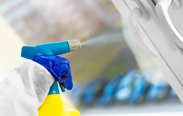 Cleaner Biohazard Suit Disinfecting Window Handles Room — Stock Photo, Image