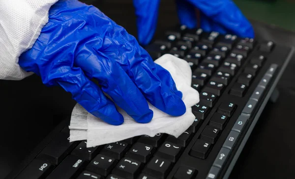 Hand Protective Glove Napkin Cleaning Keyboard Covid Disinfection Concept — Stock Photo, Image