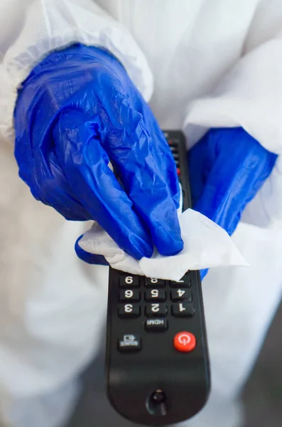 Hand Protective Glove Napkin Cleaning Remote Control Covid Disinfection Concept — Stock Photo, Image