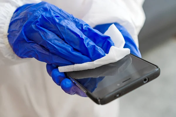 Hand Protective Glove Napkin Cleaning Mobile Phone Covid Disinfection Concept — Stock Photo, Image