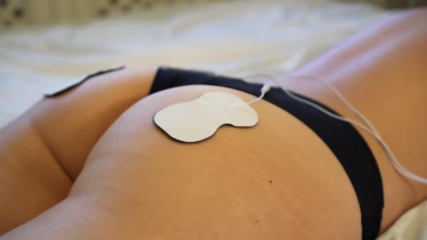 Woman Body Electrodes Her Buttocks Electrical Muscle Stimulation — Stock Video