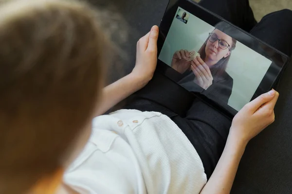 Little Girl Making Video Call School Teacher Distance Learning — Stock Photo, Image