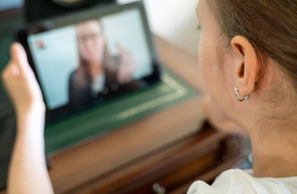 Little Girl Making Video Call School Teacher Distance Learning — Stock Photo, Image