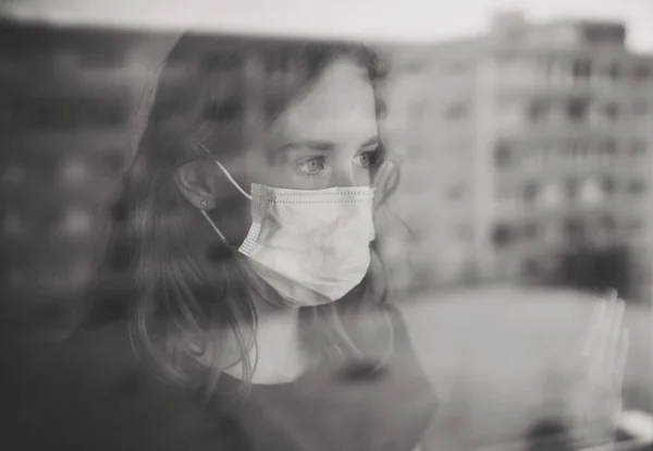 Little Girl Window Self Isolation Stay Home Black White Photo — Stock Photo, Image