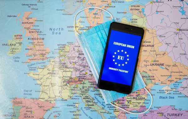 Immunity Passport App Medical Mask Europe Map Travel Covid Concept — Stock Photo, Image