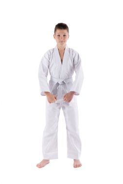 karate teknikleri izole beyaz arka plan üzerinde Studio ile poz çocuk