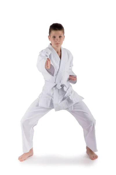 Boy posing with karate techniques in studio on white background isolated — Stock Photo, Image