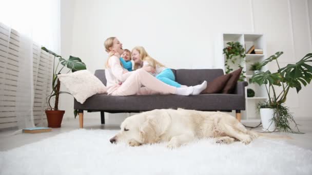 Vida de las mascotas domésticas en la familia. mamá abraza a sus hijos en el sofá de la sala. El golden retriever está aburrido tumbado en el suelo. centrarse en el perro . — Vídeo de stock