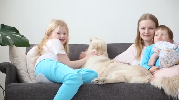 Vida de animais domésticos na família. Mãe, filho e filha estão descansando com um golden retriever no sofá na sala de estar . — Vídeo de Stock