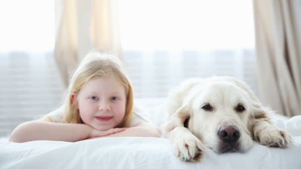 Élet a hazai háziállat a családban. a kis szőke lány fekszik az ágyon a hálószobában kutyájával. — Stock videók