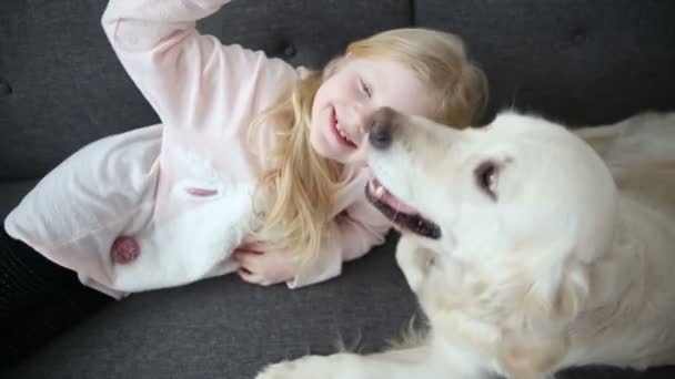 爱宠物。小女孩正和她的狗在起居室的沙发上休息。. — 图库视频影像