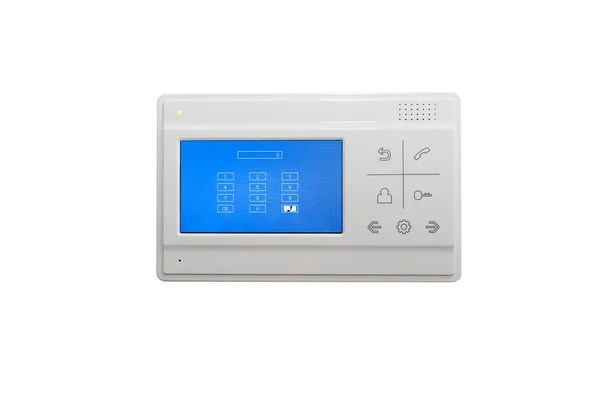 Video intercom on a white wall near the entrance door to the apartment, isolated — Stock Photo, Image