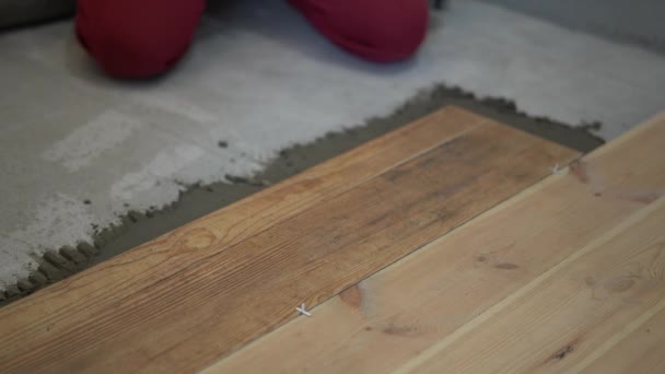 Riparazione e decorazione. la piastrella mette le piastrelle di porcellana sul pavimento in appartamento — Video Stock