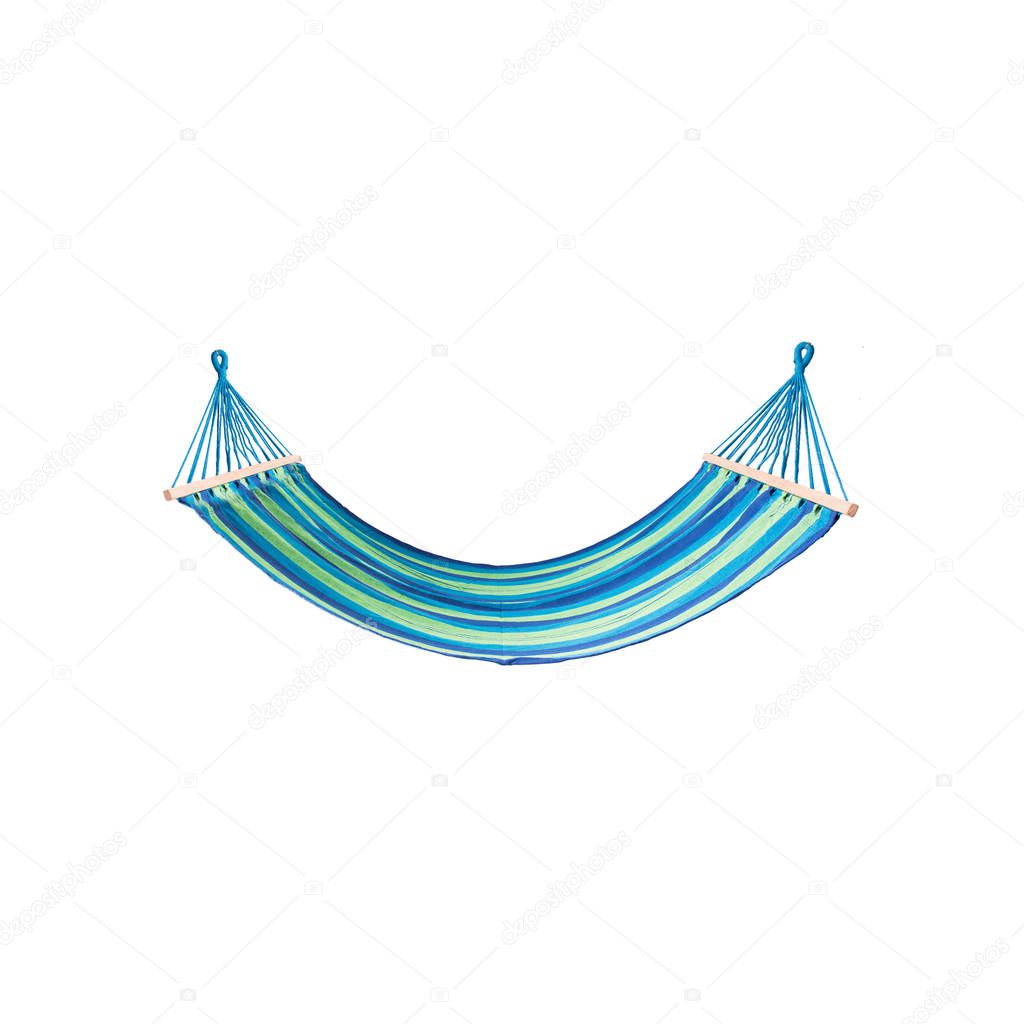 goods for relaxing in the country - a multi-colored fabric hammock on a white background isolated
