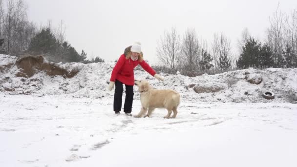 美しいスローモーションビデオ-冬にはアイスリンクで犬と楽しい時間を過ごしている女性 — ストック動画