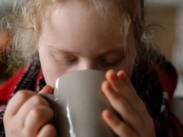 Retrato de un niño enfermo en una bufanda y a cuadros con una taza de té caliente en el sofá en el apartamento — Foto de Stock